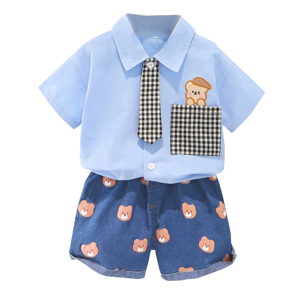 男童夏季套装3卡通格子短袖两件套小童夏装4男孩衣服1一2岁童装潮