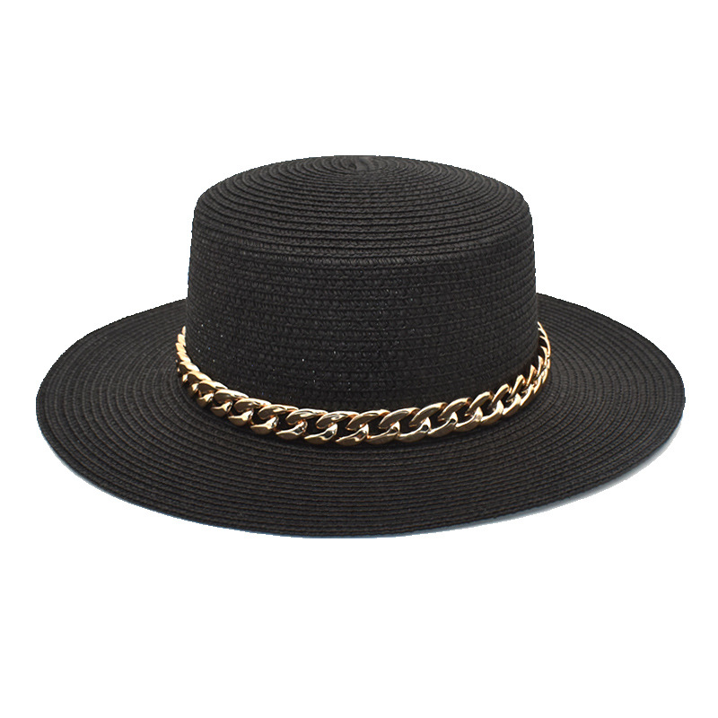 Acrylic Chain Straw Woven Flat-Top Cap Casual Retro Sun Hat Holiday Vacation Straw Hat Female Sun-Proof