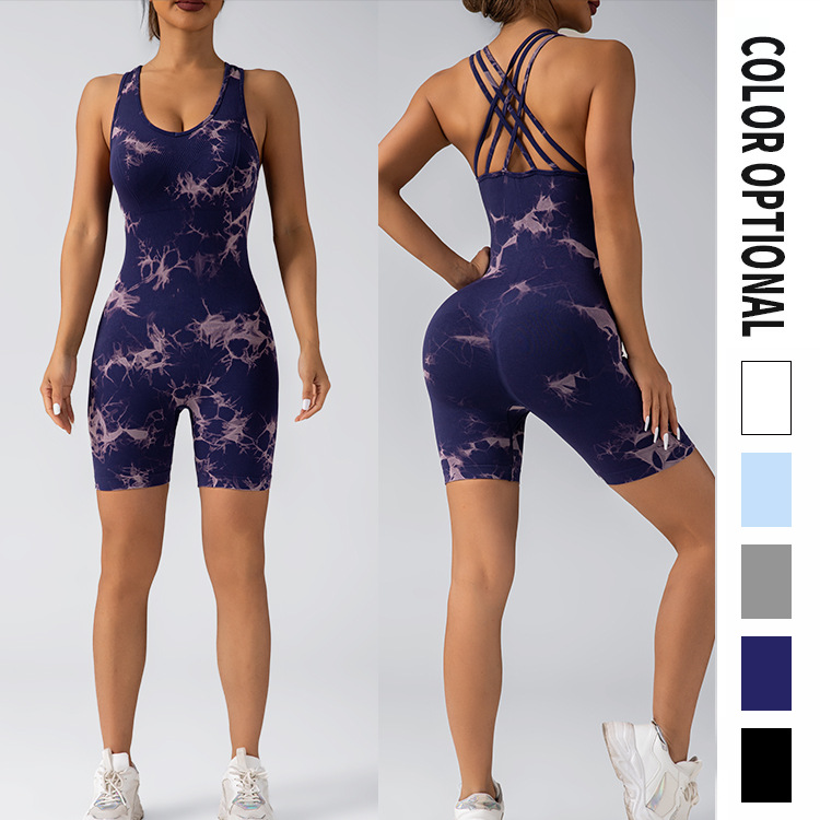 European and American Tie-Dye Jumpsuit Sexy One-Piece Cross Beauty Back Vest Tight Seamless Fitness Yoga Wear Shorts for Women