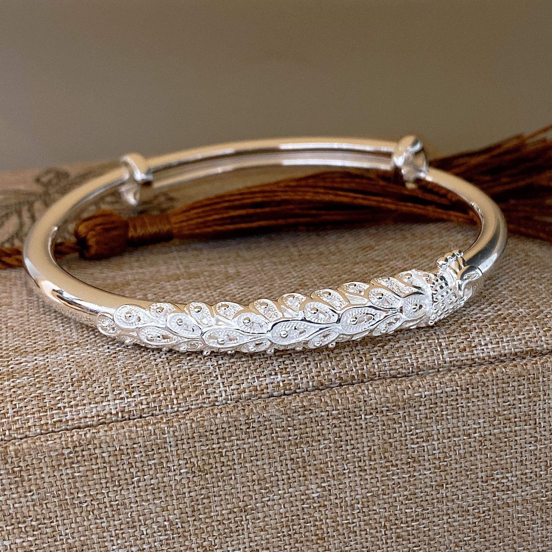 福氏花丝足银s999推拉纯银手镯高级感凤凰孔雀繁花镯子送妈妈婆婆