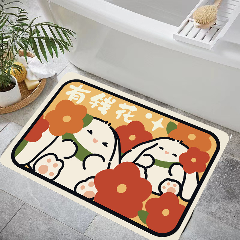 Rabbit Bathroom Faux Leather Floor Mat Water-Absorbing Quick-Drying Bathroom Doorway Foot Mat Toilet Kitchen Anti-Slip Stain-Resistant Carpet