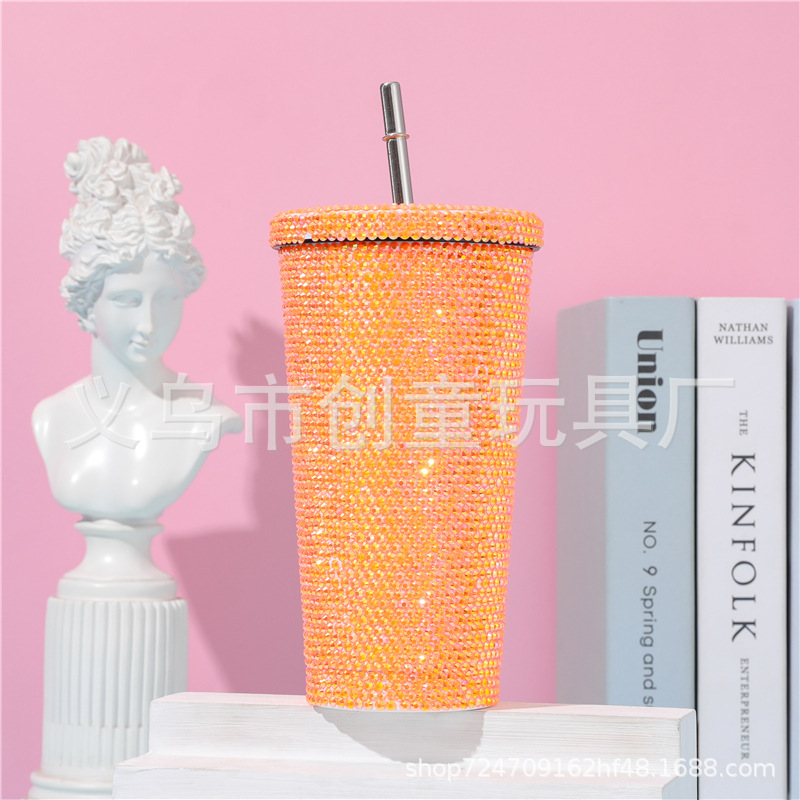 Internet Celebrity Diamond-Embedded Vacuum Cup Double-Layer Stainless Steel Cup with Straw Stick-on Crystals Rhinestone Coffee Cup Gift Cup Diamond-Embedded Drink Cup