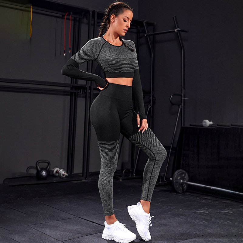 Cross-Border European and American Yoga Suit Women's High Waist Hip Lift Yoga Pants Sportswear Long Sleeve Autumn and Winter Tight Workout Clothes