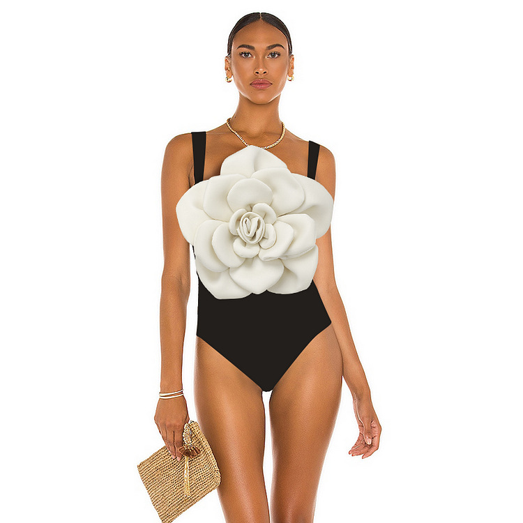 2023 European and American New Black and White Three-Dimensional Big Flower One-Piece Bikini Swimsuit Women's Beach Vacation Suit Skirt