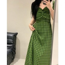 轻熟法式少女绿色格子连衣裙大码女装夏季款甜美收腰裙2022