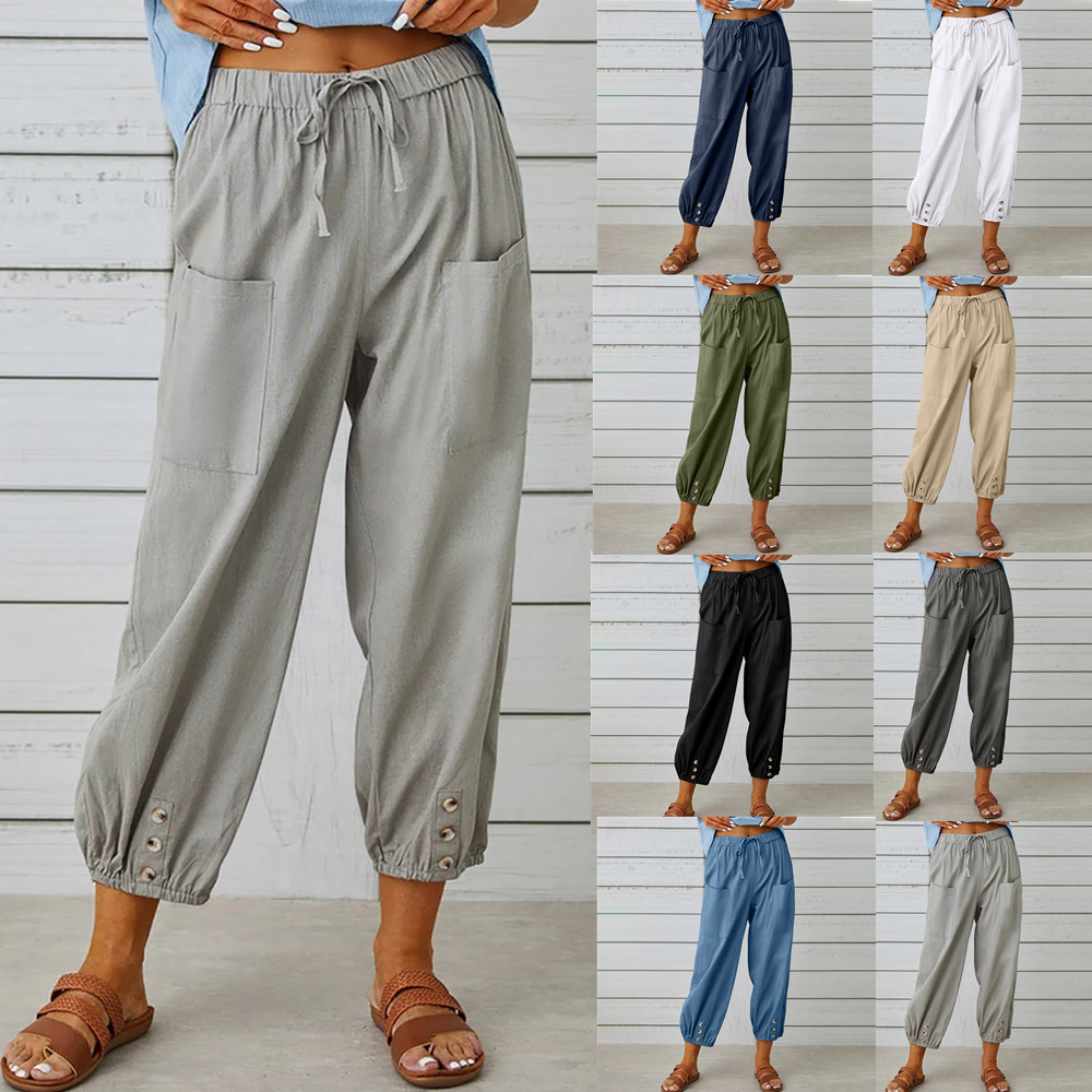 2023 New Europe and America Cross Border Amazon Wish Loose High Waist Button Cotton and Linen Trousers Cropped Pants Wide Leg Women's Pants