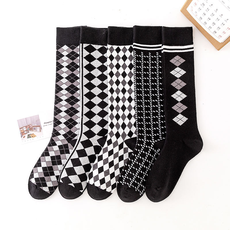 日系学院风jk黑色菱格小腿袜女高筒双针双路英伦风复古条纹长筒袜