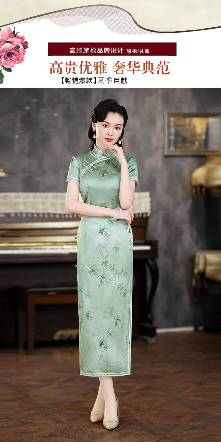 正品真丝桑蚕丝旗袍裙长款复古洋气年轻气质高贵典雅日常修身款夏