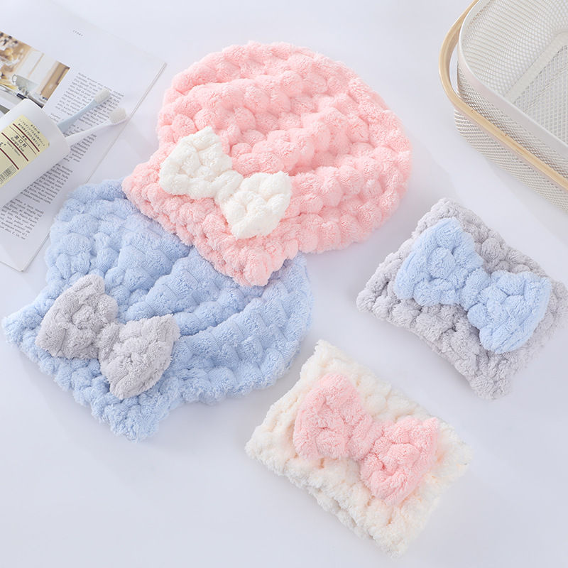 coral fleece new cloud grid hair-drying cap cute bow absorbent women‘s hair towel factory wholesale thickened shower cap