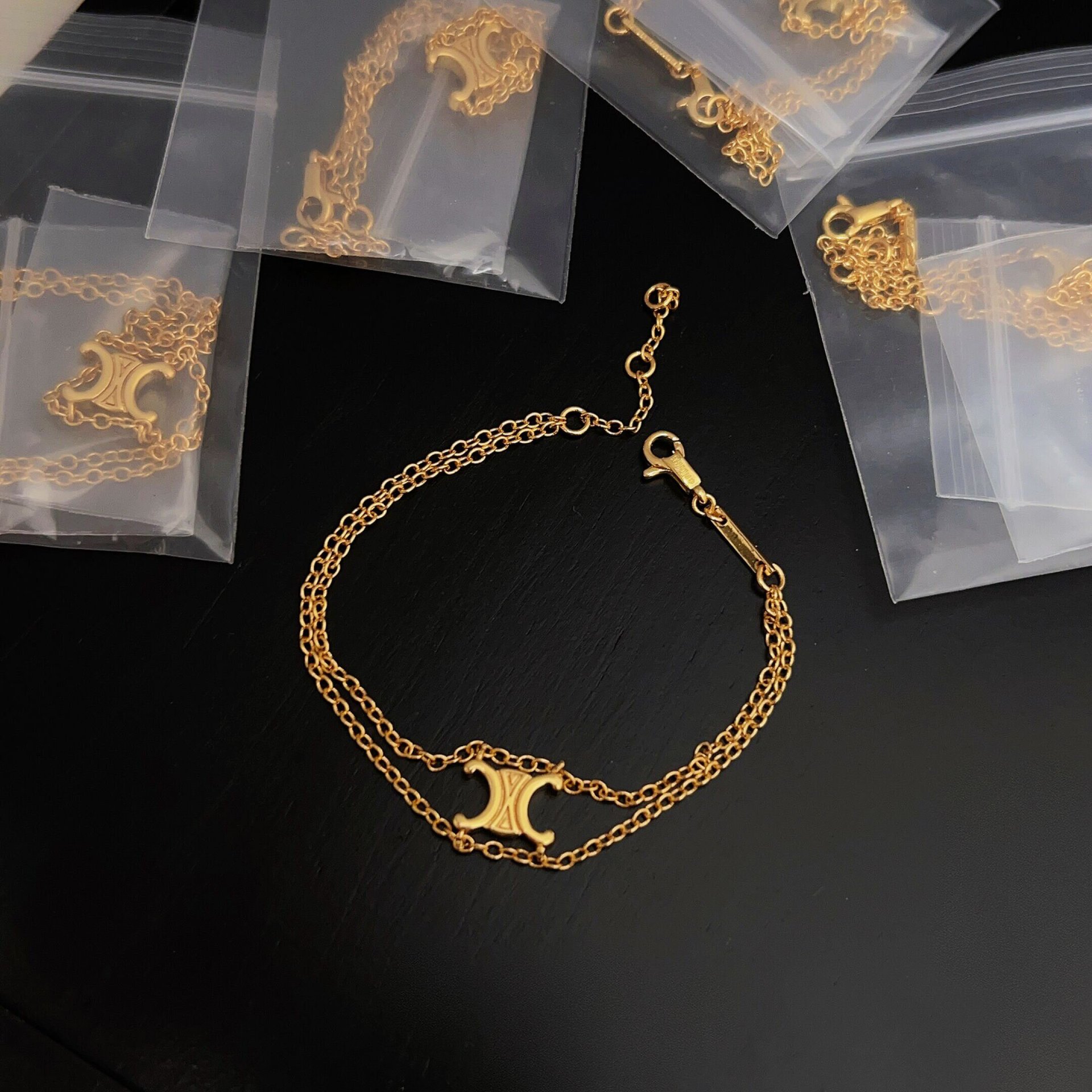 cel欧美双层链条凯旋门手链女金色轻奢小众新款高级感手环配饰