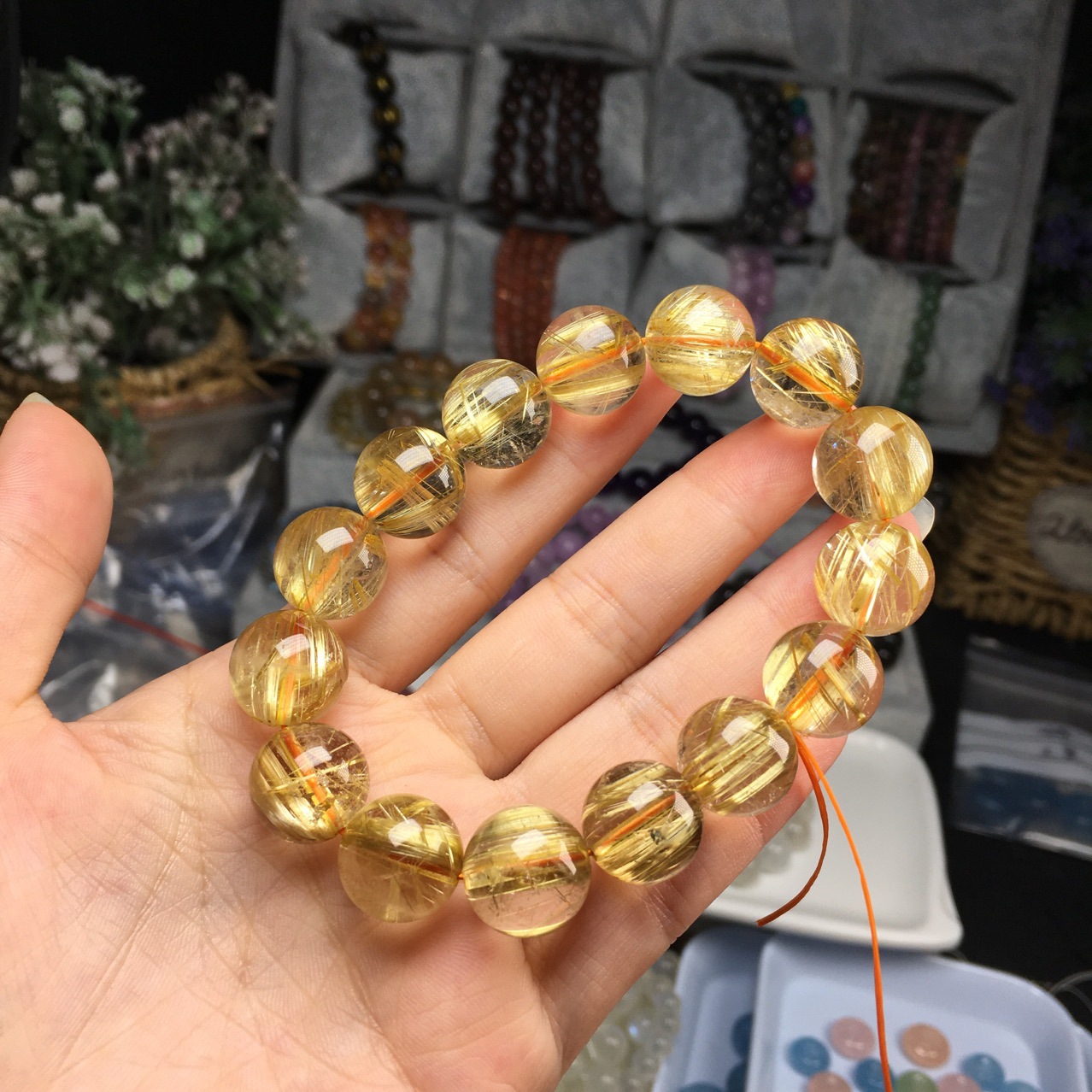 批发 天然金发晶单圈手链 钛金手串 玻璃体 发丝均匀 干净无黑点