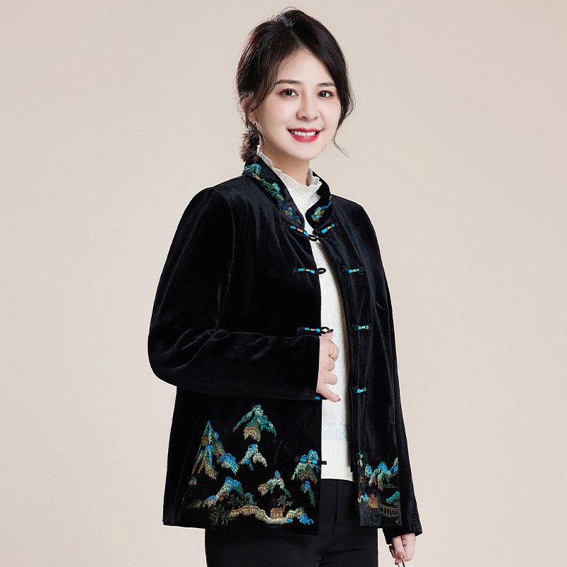 妈妈装新中式外套春秋2024新款中老年人女装奶奶洋气金丝绒上衣服