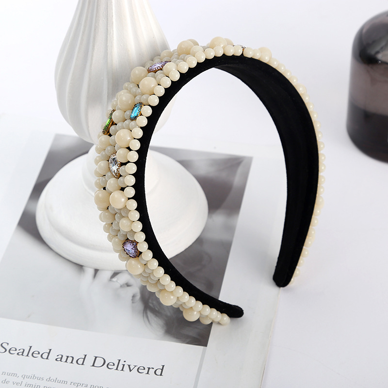 European and American New Retro Design Rhinestone Headband Resin with Diamond Cute and Graceful Fabric Wide-Edged Headband Wholesale