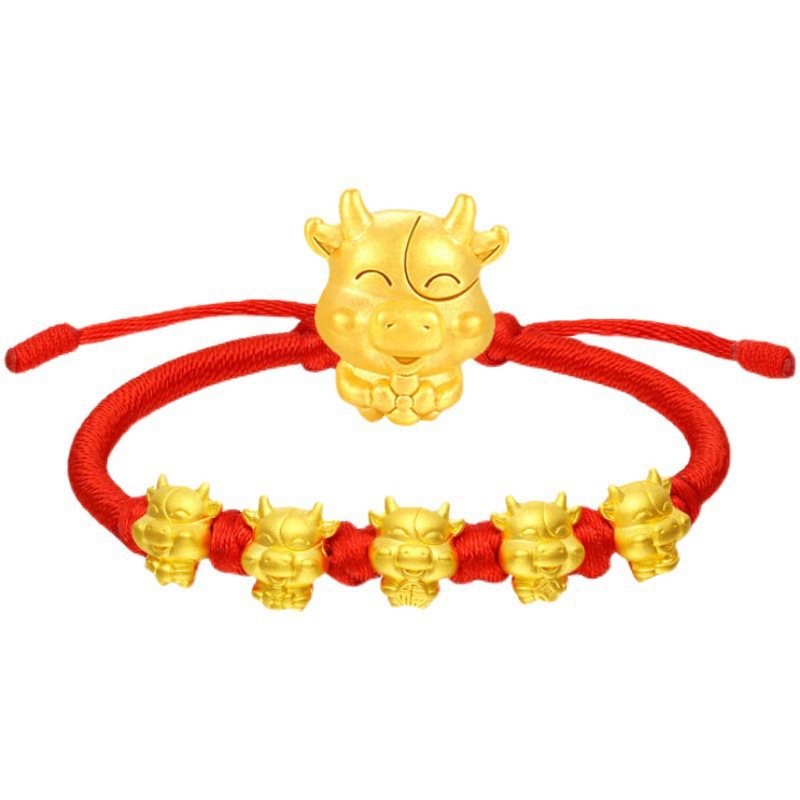 999足金生肖五福金牛黄金手链 3d硬金五福牛手编红绳一件代发