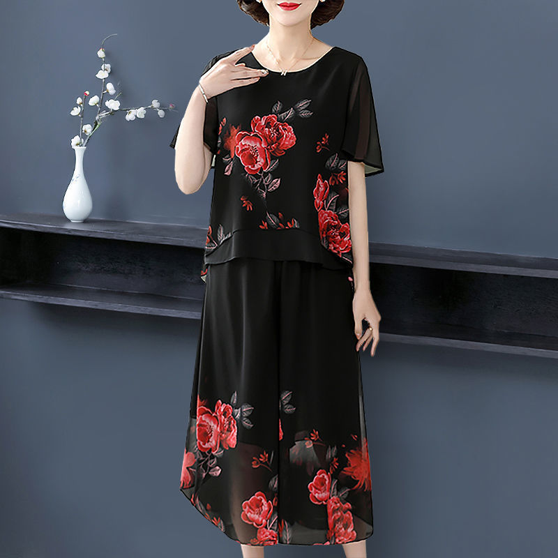 Middle-Aged Mom Summer Clothes 2023 New Women's Suit Western Style Top Middle-Aged and Elderly Women's Short Sleeve 50-Year-Old Two-Piece Set
