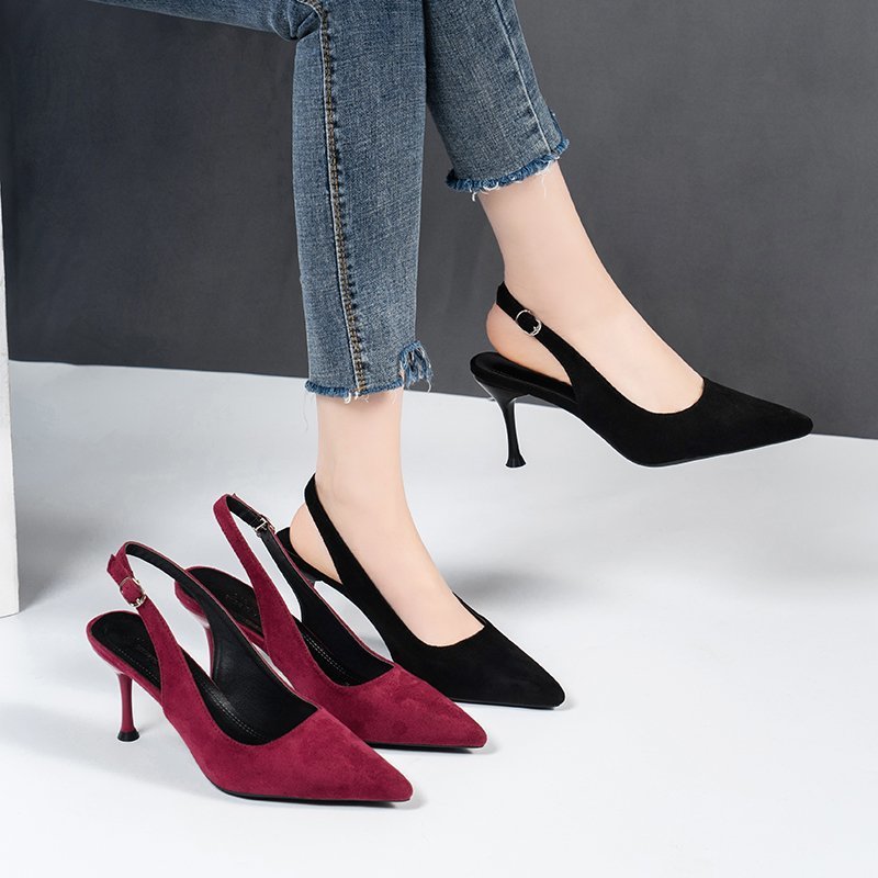 法式气质高跟鞋2023夏季新款绒面浅口细跟宴会鞋一字扣包头凉鞋女