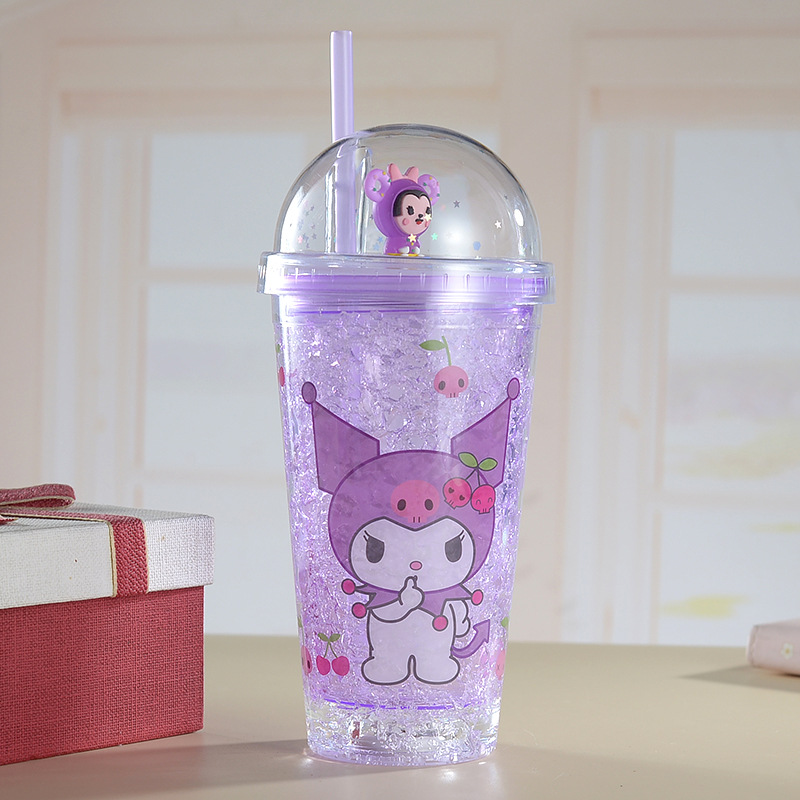 Sanrio Creative New Ice Cup Cartoon Animal Creative Style Double Layer Plastic Ice Cup Ice Cup with Straw