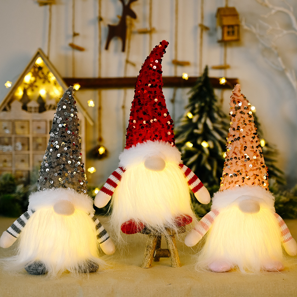 Cross-Border New Valentine's Day Decoration Christmas Sequins with Lights Rudolf Doll Christmas Luminous Faceless Doll Ornaments