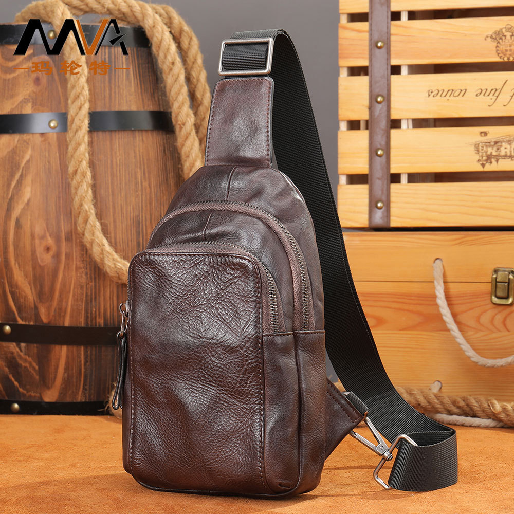 mva新款真皮男士胸包 植鞣皮手抓纹个性胸前包 复古擦色男式胸包