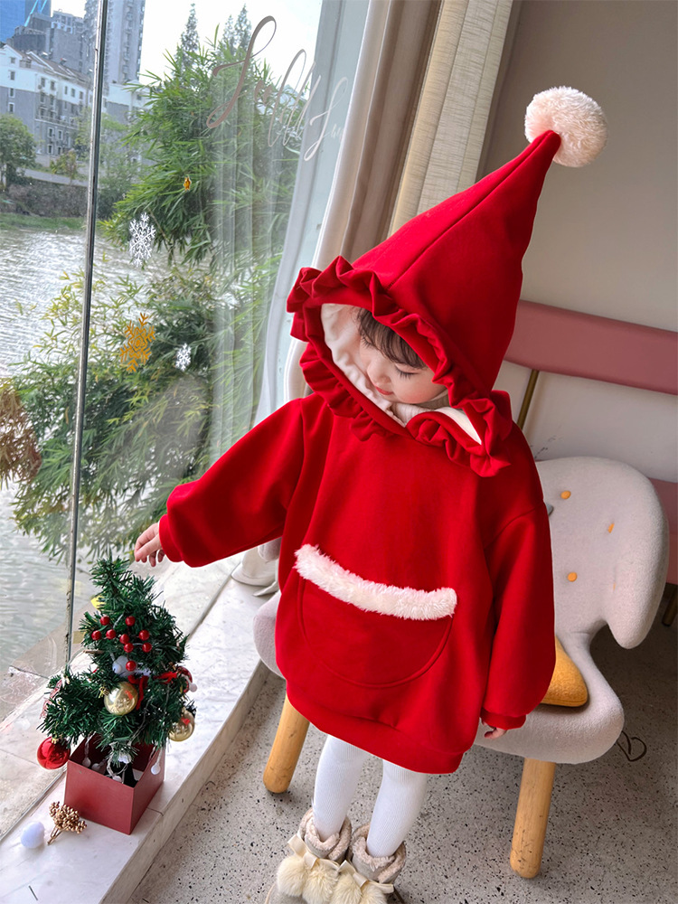 66公主女童卫衣加绒中长款宝宝红色圣诞节过年衣服儿童小童洋气