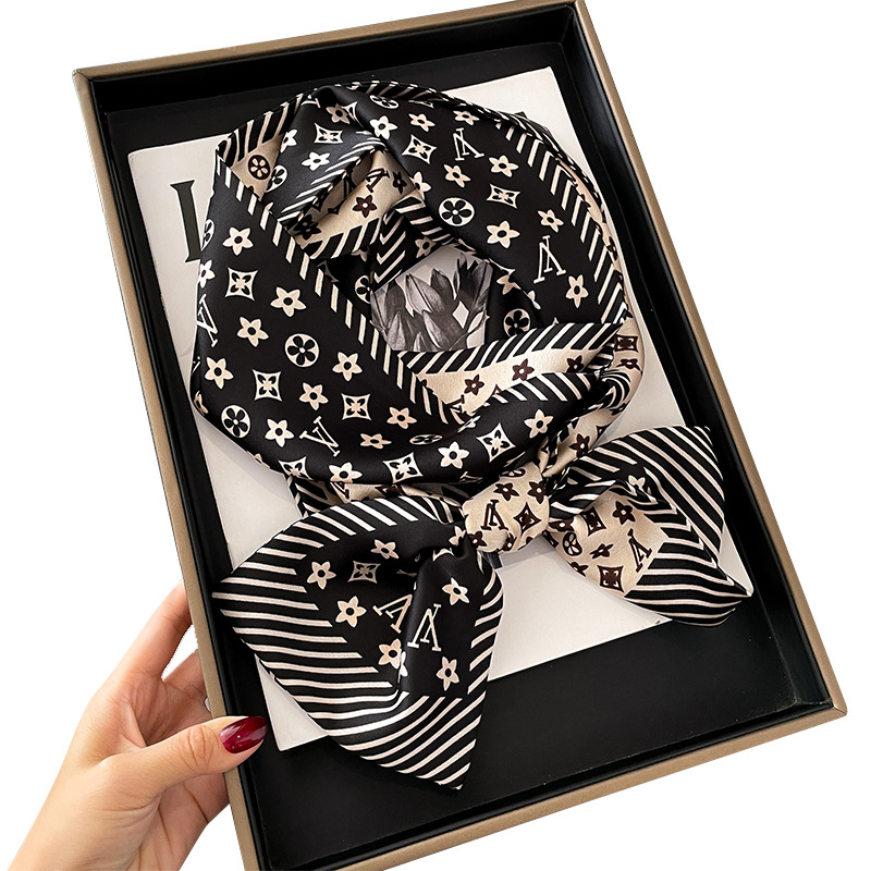 Spring and Summer Letters Presbyopic Double-Sided Two-Tone Boxer Emulation Silk Scarf Double-Layer Striped Small Scarf Female Arm Bag