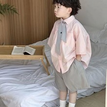 森系男童短袖衬衫套装2024新款韩版儿童夏装洋气男孩帅气时髦童装