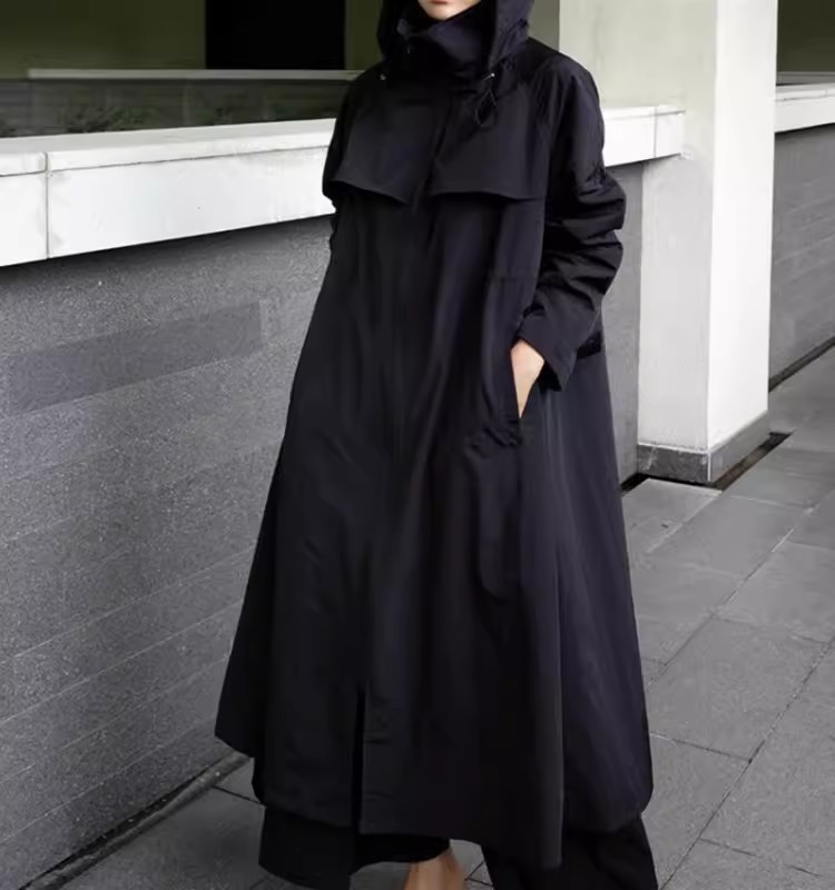 秋装新款过膝长款黑色风衣女过膝长款韩版斗篷型连帽休闲气质外套