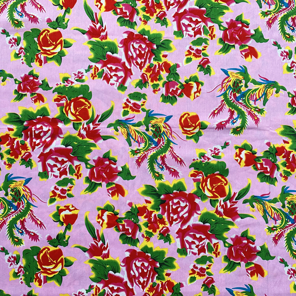 凤凰戏牡丹斜纹 全棉纱卡布料 民族风酒店装饰服装布料东北大花布