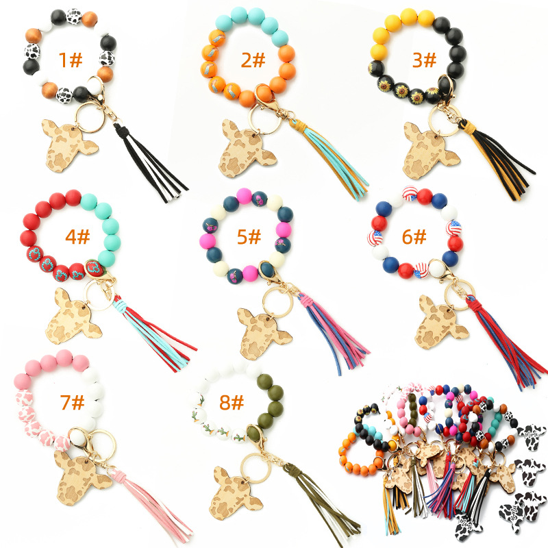 New Products in Stock European and American Ornament Tassel Pendant Western Cowboy Bracelet Cow Wooden Beads Bracelet Cow Head Keychain