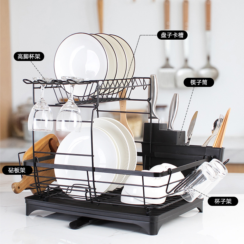 2022 New Multi-Functional Red Wine Cup Chopping Board Knife Storage Rack Double Black Kitchen Bowl Rack Draining Rack