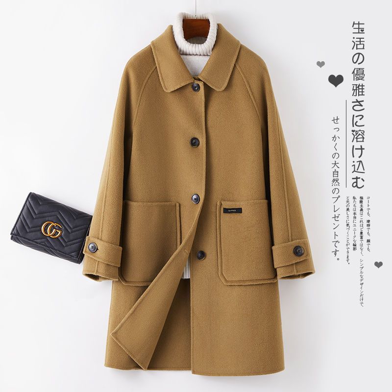 2023新款双面绒羊毛呢大衣女中长款韩版显瘦娃娃领单排扣毛呢外套