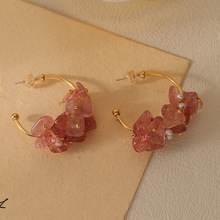新款手工编织缠绕粉色天然草莓晶淡水珍珠耳环925银针c型夏日耳饰
