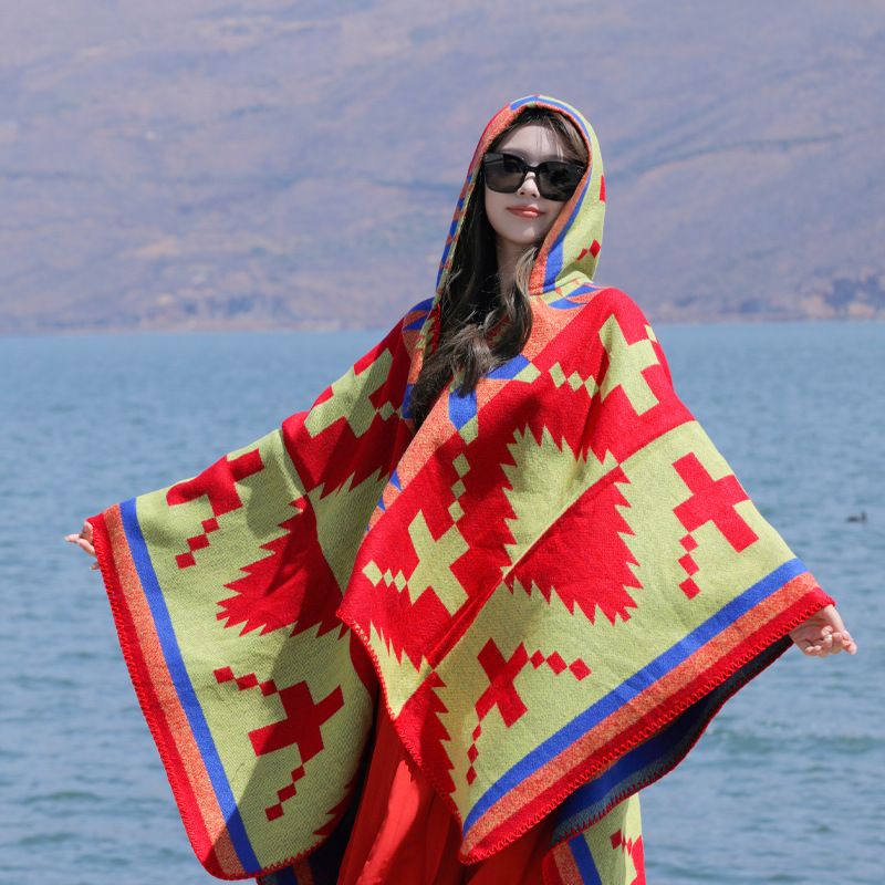 New Ethnic Style Thickened Shawl Xinjiang Tibet Yunnan Travel Photography Clock-in Wear Cape Warm Coat for Women