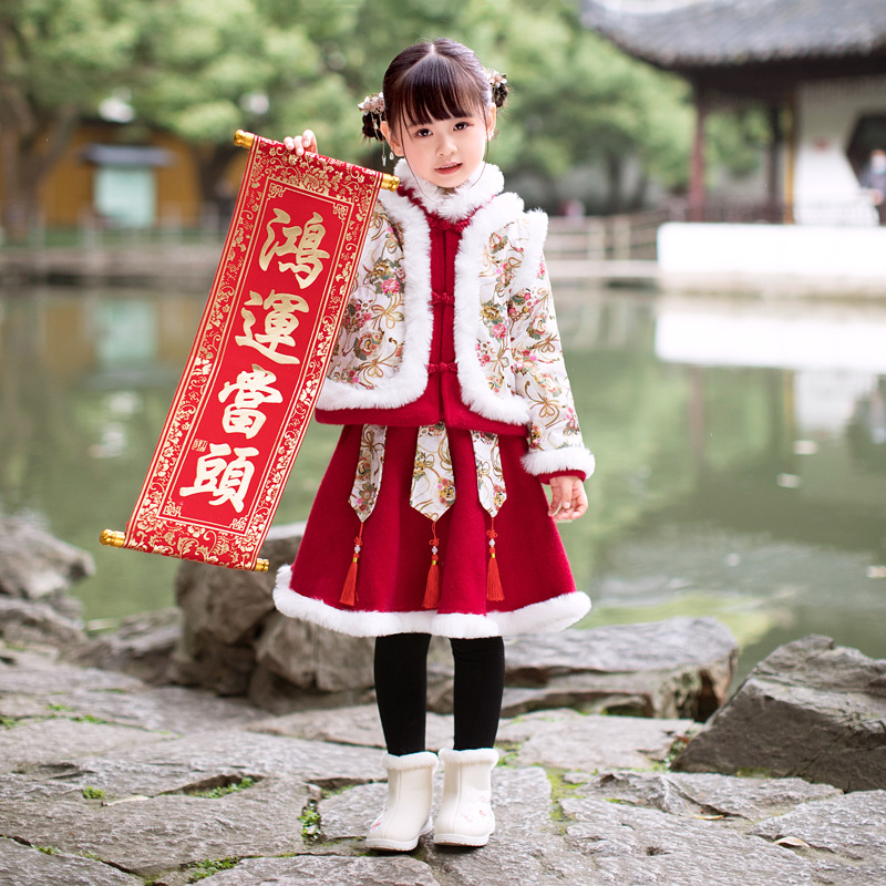 儿童拜年服女童汉服冬装新年喜庆风童装小童加厚红色加绒唐装