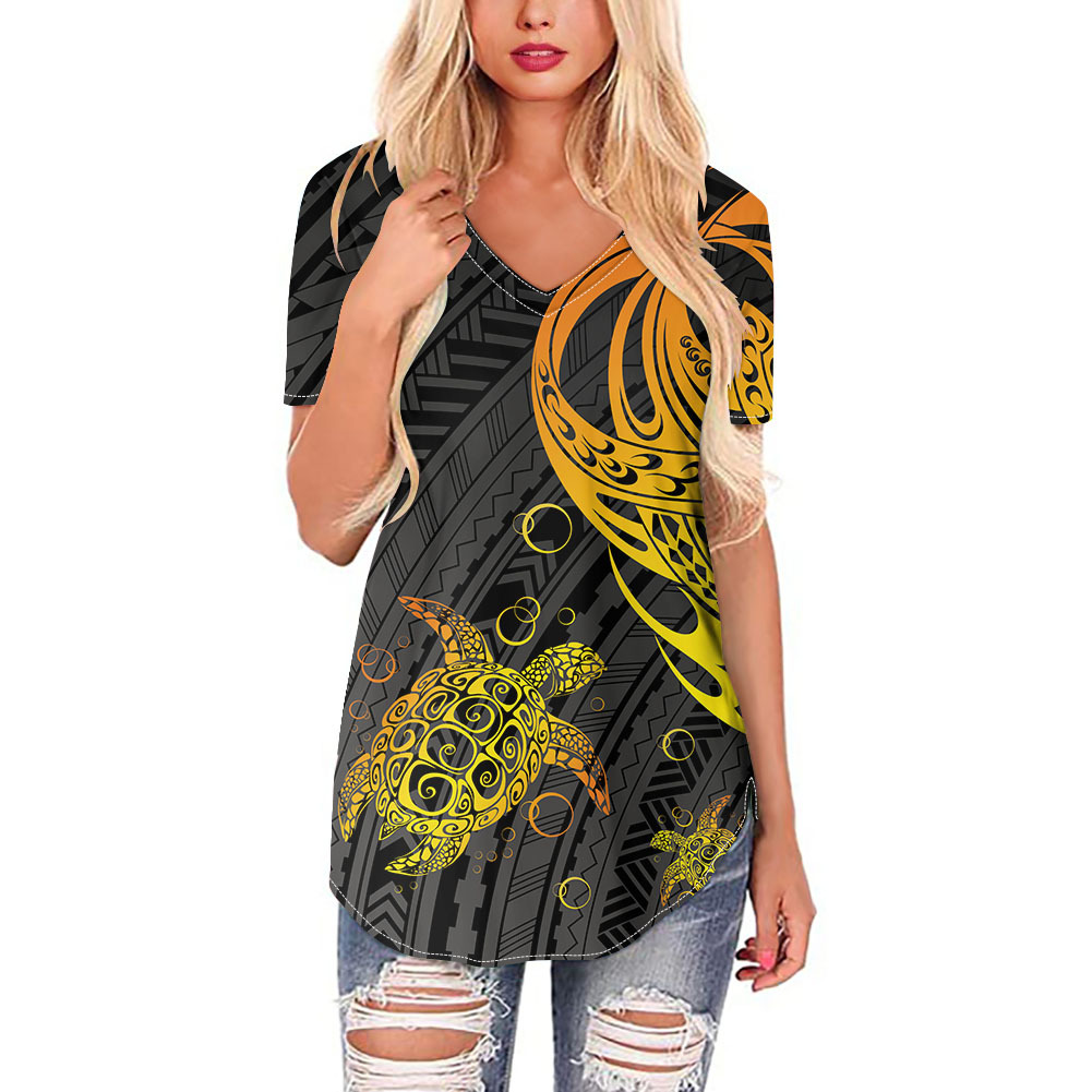 短袖套头雪纺波利尼西亚风系列印花v领性感衬衫 定制欧美跨境新款