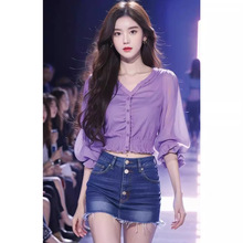 奥莱品牌早春韩系穿搭今年流行的漂亮小衫独特上衣紫色长袖衬衫女