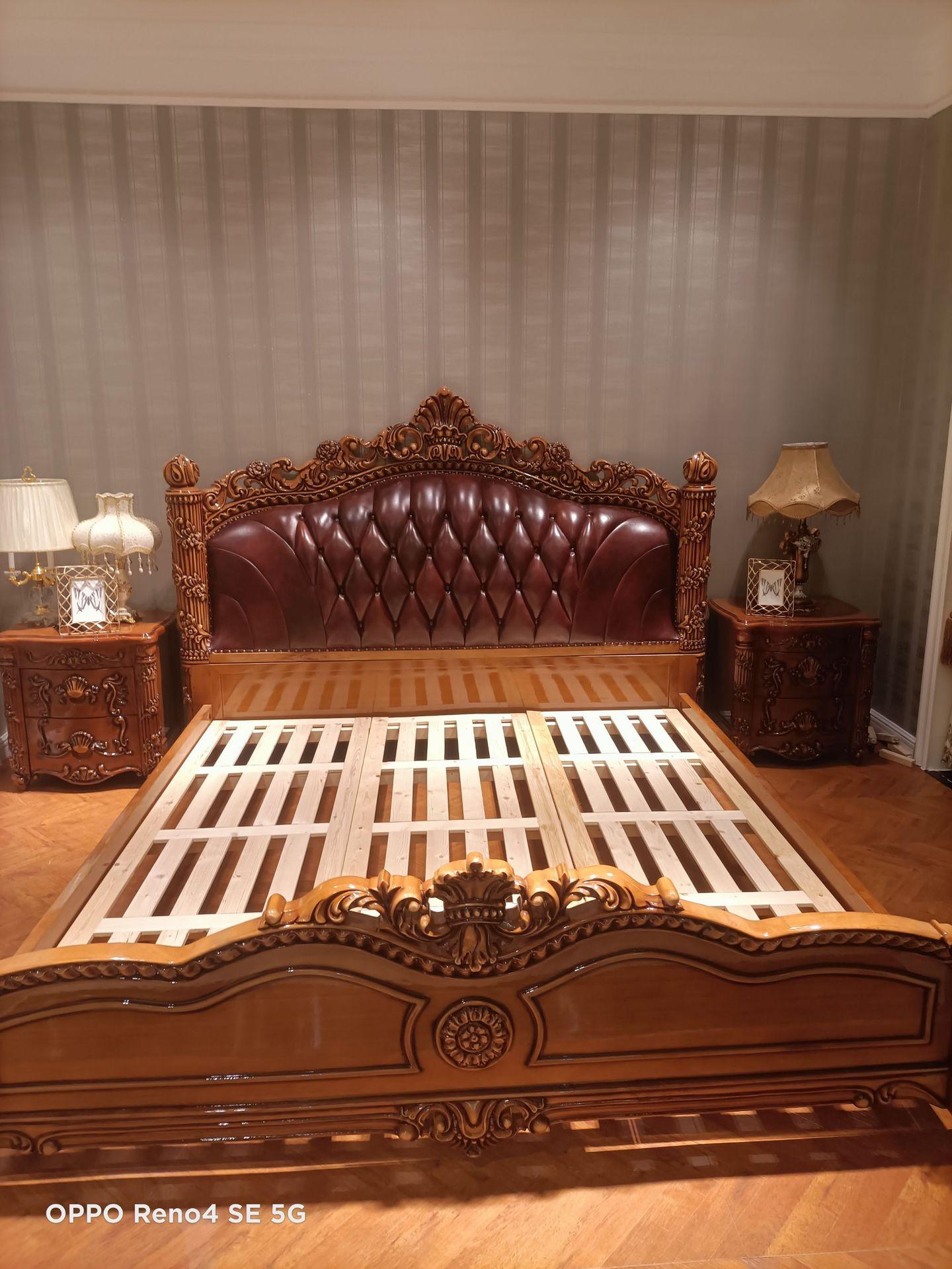 厂家直销欧式全实木雕花婚床柚木色奢华复古卡斯拉加皮卧室实木床