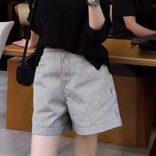 韩版条纹短裤女夏季薄款松紧高腰休闲小个子阔腿直筒宽松通勤短裤