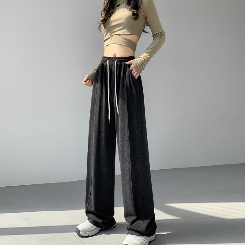 (Glutinous Rice Wide-Leg Pants) High Waist Drooping Straight Wide Leg Mop Pants Design Gray Casual Pants Trendy Ins