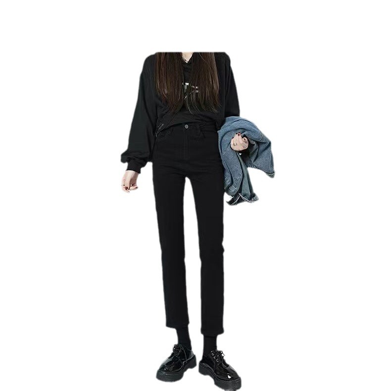 Solid Color Straight Jeans Cigarette Pants Autumn and Winter Women's 2023 New High Waist Loose Small Cropped Pants Popular