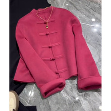 新中式呢子大衣女秋冬季高级感超好看唐装国风盘扣玫红色毛呢外套