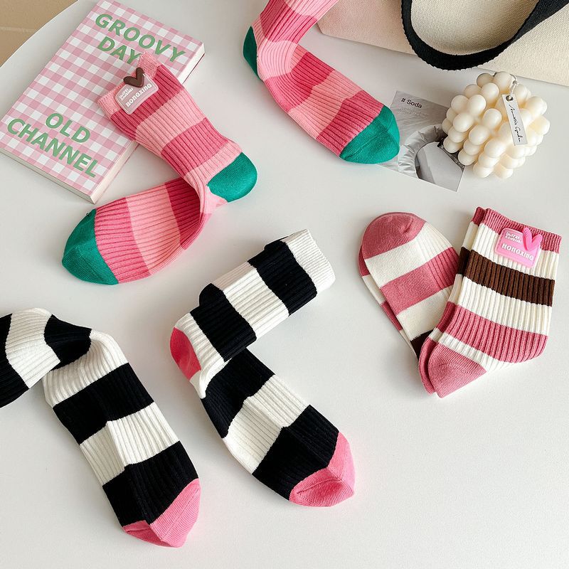 多巴胺彩色潮袜子女春秋款双针中筒袜拼色条纹爱心长袜堆堆袜ins