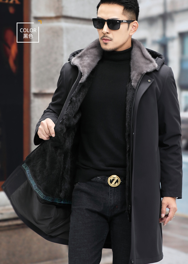 海宁男士尼克服貂内胆皮草长款皮毛一体男中年真皮毛派克服外套厚
