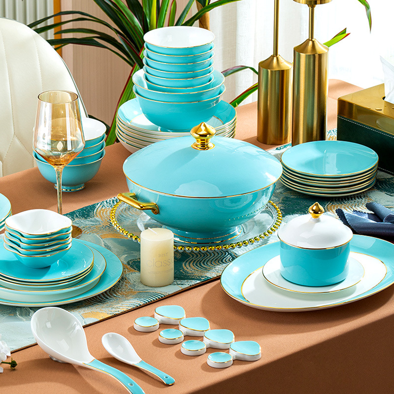 蒂芙尼蓝碗碟套装家用欧式金边高档骨瓷餐具碗盘家用组合创意礼盒