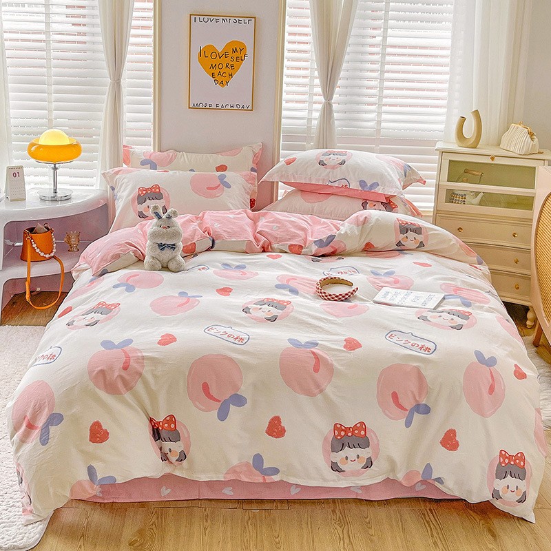 100% Cotton Four-Piece Cotton Quilt Cover Fitted Sheet Single Double Student Dormitory Bed Sheet Children Cartoon Delivery Free Shipping