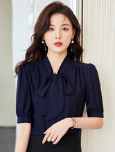 春季中袖蓝色气质通勤韩版职业装女士衬衣减龄面试销售正装衬衫