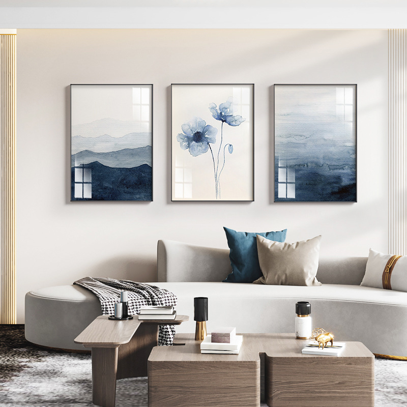浅蓝 北欧客厅装饰画沙发背景墙三联画简约现代抽象蓝色水墨油画