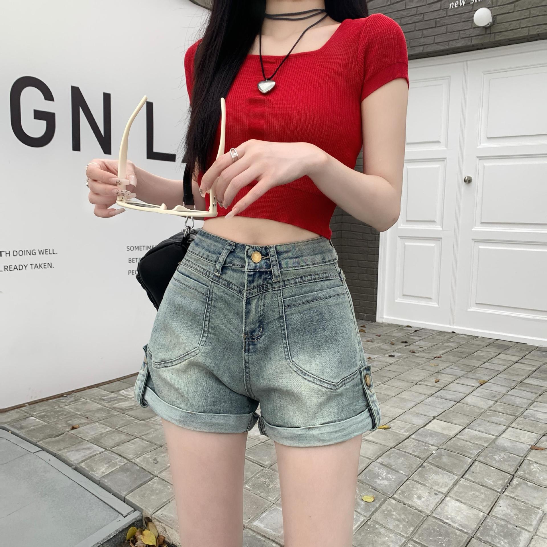 2024新款高腰显瘦蓝色超短裤女夏季百搭设计感卷边小个子牛仔热裤