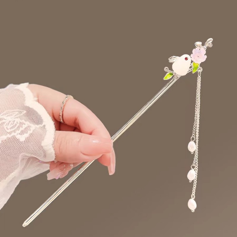 Han Chinese Clothing Accessories Jade Hare Hairpin/Hair Accessories Headdress Hair Clasp Ancient Chinese Style Hairpin High-Grade Summer Updo Hair Clasp