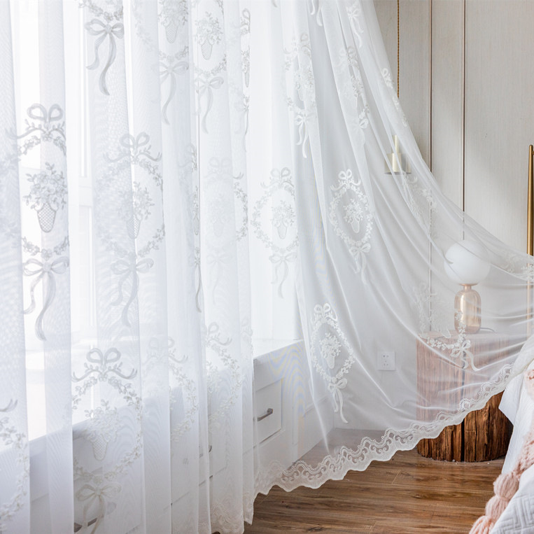 现代轻奢白色绣花窗纱客厅卧室阳台飘窗法式公主蕾丝纱帘成品窗帘